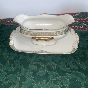 ART DECO Footed Gravy Boat & Attached Serving Tray MULLER,BAVARIA, "TREASURE"